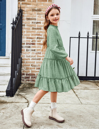 Arshiner Dress Girls Festive Flounce V-Neck Long Sleeve Dress Swiss Dot Chiffon Dress Children Tiered Dress A-Line Party Dress Wedding Princess Dress Swing Skater Dress 5-12 Years 