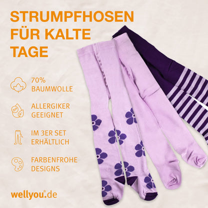 wellyou Children's Tights Girls & Boys - Set of 3 Baby Tights with Pattern - Colourful Cotton Tights Made of Oeko-Tex Certified Materials (Size 62-146)