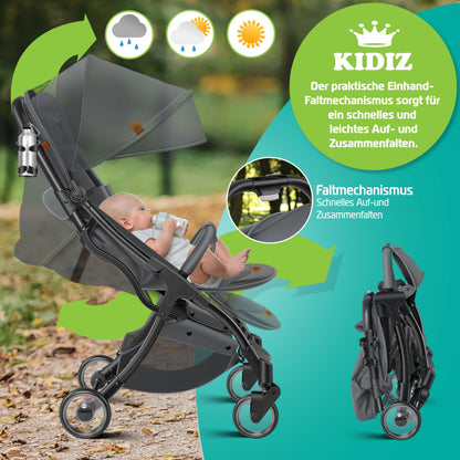 KIDIZ® Folding Pushchair, Sports Pram, 360° Wheels, 5-Point Harness, incl. Drinks Holder, Rain Cover, Adjustable Backrest and Sun Canopy, Red