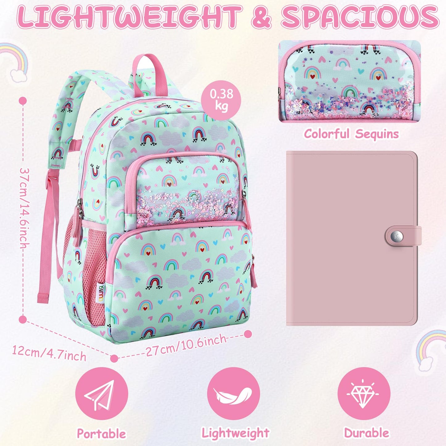 Kinderrucksack für Mädchen 5–8 Jahre, 12L Leichter & Wasserabweisender mit Brustgurt, Perfekt für Vorschule & Grundschule，Regenbogen