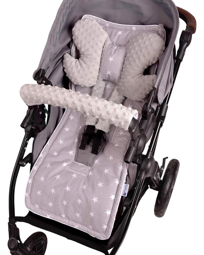 Sitzauflage Kinderwagen Buggy Baby Sommer Kindersitz Einlage Universal - 5tgl Gurtpolster + Spielbogen Kinderwagenset Babyschale (Safari mit beige Minky)