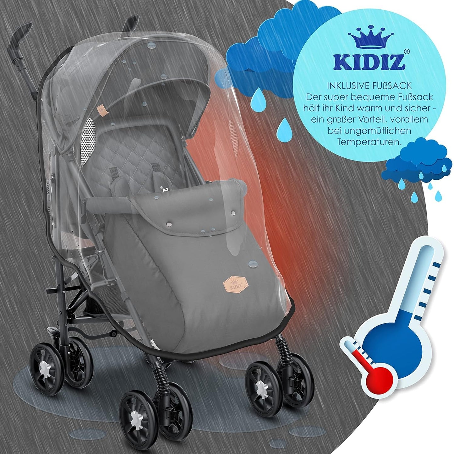 KIDIZ® City-Pro Pushchair Folding Pushchair Pushchair Sports Pushchair Foldable 360° 6 Inch Wheels Includes Mosquito Net, Footmuff and Rain Cover Foldable Sleep Function Blue 