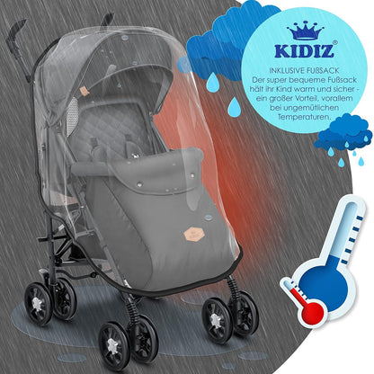 KIDIZ® City-Pro Pushchair Folding Pushchair Pushchair Sports Pushchair Foldable 360° 6 Inch Wheels Includes Mosquito Net, Footmuff and Rain Cover Foldable Sleep Function Blue 