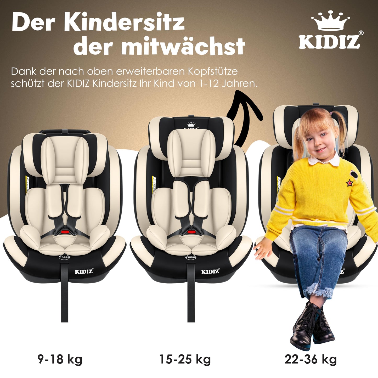KIDIZ® Autokindersitz Kinderautositz Gruppe 1+2+3 9-36 kg 5-Punkt-Sicherheitsgurt, Autositz, Kindersitz, Einstellbare Kopfstütze, Mitwachsende Sitzerhöhung 1-12 Jahre, Stabil und Sicher