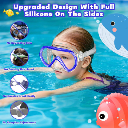 SkrekuiMa Taucherbrille Kinder | Schwimmbrille Kinder Schnorchelmaske Anti-Fog Anti-Leck | Tauchmaske Kinder 180°Panorama HD Tempered Glas für Kinder 4-12 Jahre Jungen Mädchen