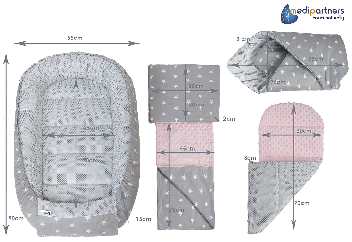 Medi Partners Babynestchen Babynest Set 100x60x15 Kuschelnest 5 teilig herausnehmbarer Einsatz Kokon Nestchen Babys Neugeborene 100% Baumwolle (REH mit Grauem Minky)