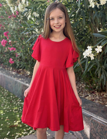 Arshiner Kleider für Mädchen Schmetterlingsärmel Kleid Kinder A-Line Swing Kleid Rundhals Sommerkleid Baumwollekleid Festlich Partykleid Hochzeit Lässige Kinderkleidung mit Tasche
