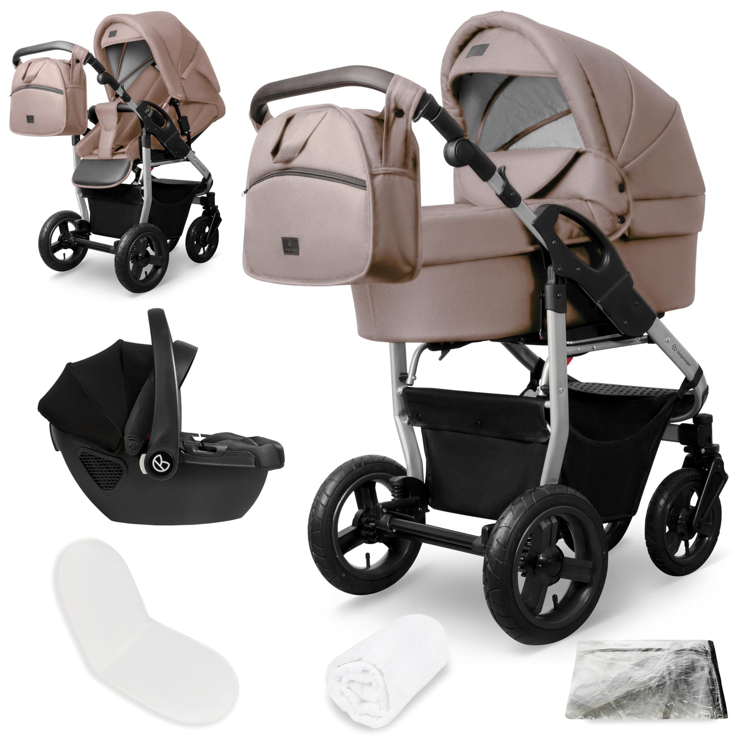 Bergsteiger Capri 3-in-1 Combination Pushchair - Baby Carrier, Sports Seat & i-Size Baby Seat, Pneumatic Tyres, Suspension, Height-Adjustable Handle, Foldable, Accessories