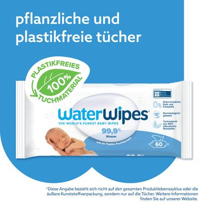 WaterWipes Plastic-Free Original Baby Cleansing Wipes, 360 Wipes (6 Packs), 99.9% Water-Based Cleaning Wipes, Unscented for Sensitive Skin