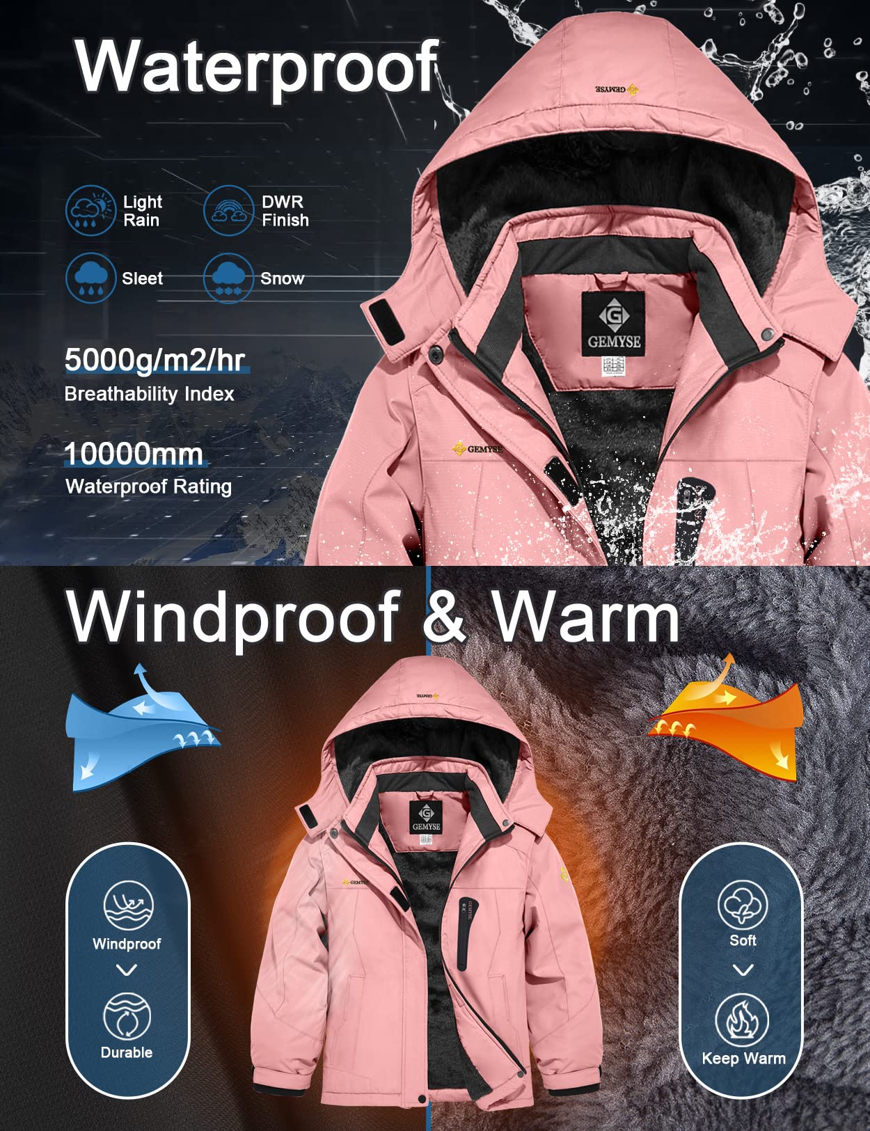 GEMYSE Girls' Waterproof Ski Jacket Windproof Fleece Outdoor Winter Jacket Rain Jacket with Hood