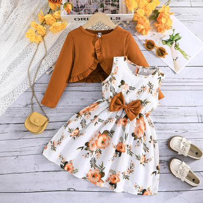 Yanmucy Kleine Mädchen Kleider mit Strickjacke Sets Baby Mädchen Kleider Kleinkind Kinder Langarm Ruffle Mantel Mädchen Kleidung für 2-8 Jahre