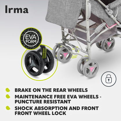 Lionelo Irma Pushchair up to 15 kg, Lightweight Modern Pushchair with Reclining Function, Foldable, Large 6 Inch Wheels, Large Basket, Bag, Mosquito Net 