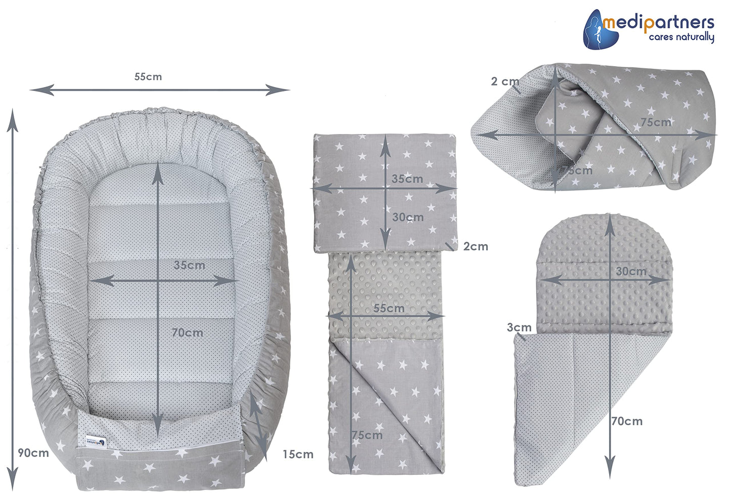 Medi Partners Babynestchen Babynest Set 100x60x15 Kuschelnest 5 teilig herausnehmbarer Einsatz Kokon Nestchen Babys Neugeborene 100% Baumwolle (REH mit Grauem Minky)