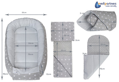 Medi Partners Babynestchen Babynest Set 100x60x15 Kuschelnest 5 teilig herausnehmbarer Einsatz Kokon Nestchen Babys Neugeborene 100% Baumwolle (REH mit Grauem Minky)