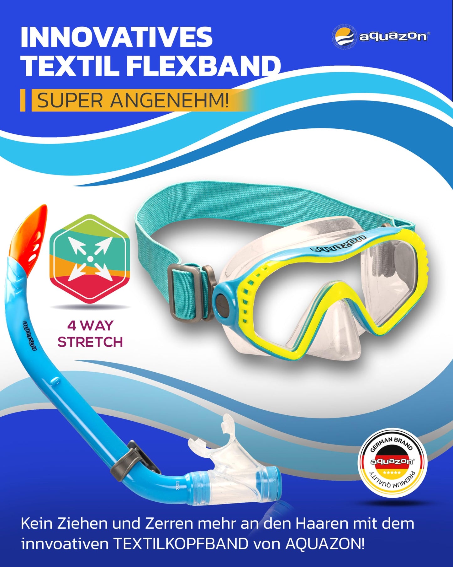 AQUAZON Starfish Kinder Schnorchelset - Taucherbrille mit extra komfortablem Textil Kopfband - 7-12 Jahre - inkl. Schnorchel, superklares temperiertes Glas