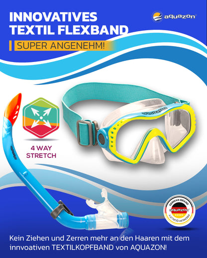 AQUAZON Starfish Kinder Schnorchelset - Taucherbrille mit extra komfortablem Textil Kopfband - 7-12 Jahre - inkl. Schnorchel, superklares temperiertes Glas