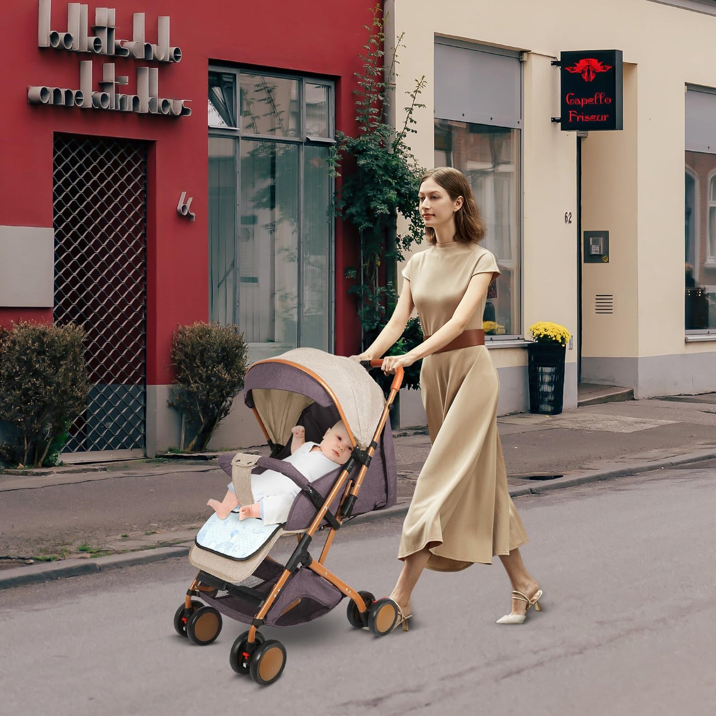 Buggy für Babys, ultraleicht, kompakt, faltbar und neigbar, von Geburt bis 25 kg, mit Trolley-System, Regenschutz inklusive, ausziehbarer Haube, C-schwarz