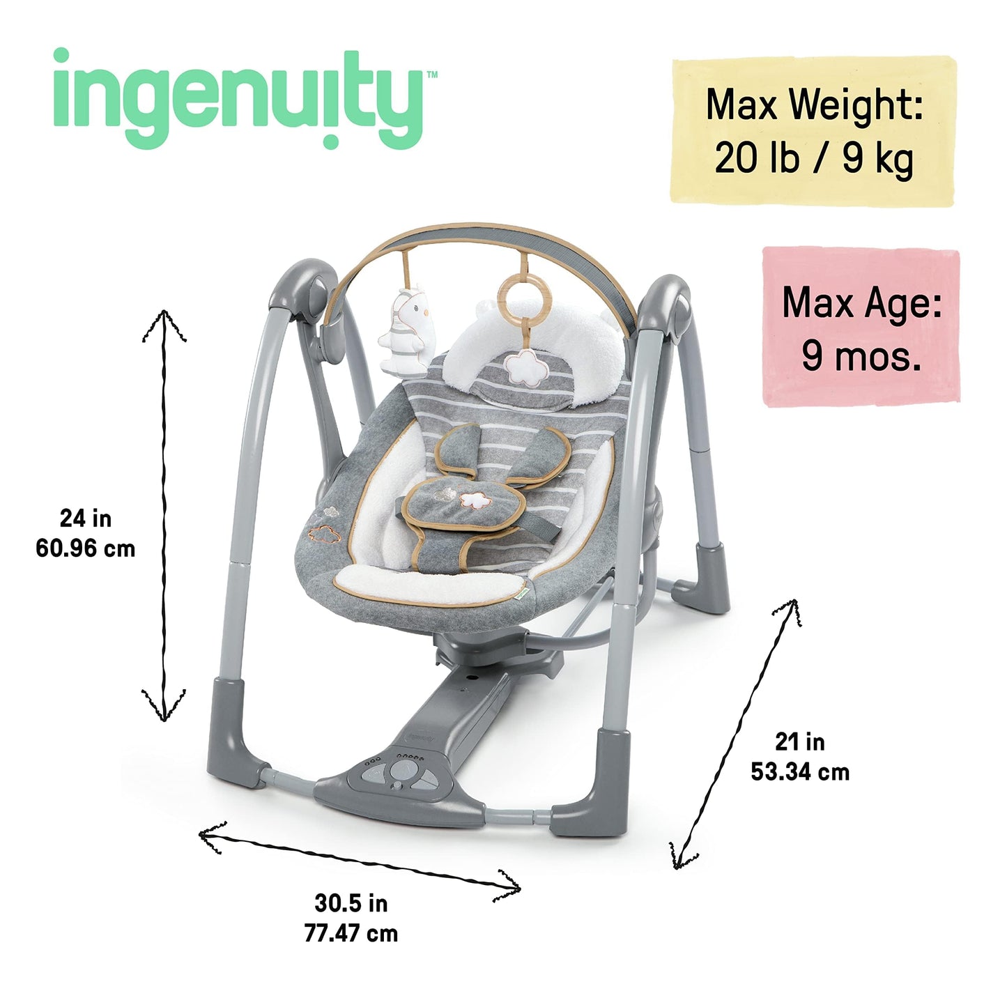 Ingenuity Hugs & Hoots zusammenklappbare & tragbare Babyschaukel, 5 Schaukelgeschwindigkeiten, 8 Melodien, 3 Naturgeräusche, Lautstärkeregulierung und Spielzeugbügel, ab der Geburt bis 9kg
