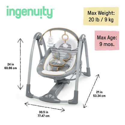 Ingenuity Hugs & Hoots zusammenklappbare & tragbare Babyschaukel, 5 Schaukelgeschwindigkeiten, 8 Melodien, 3 Naturgeräusche, Lautstärkeregulierung und Spielzeugbügel, ab der Geburt bis 9kg