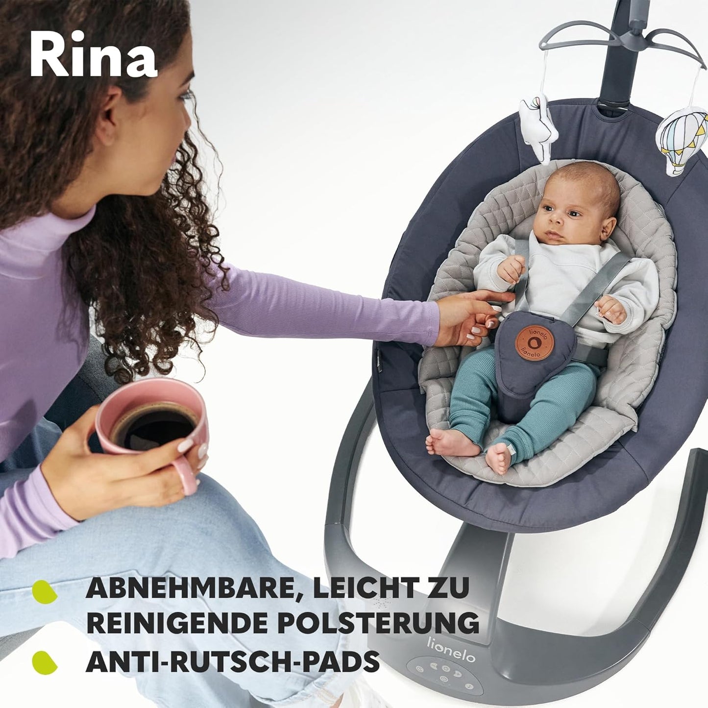 LIONELO Rina Baby Rocker and Deck Chair 2-in-1, Remote Control, 360° Rotating Seat, Two Swing Directions, 5 Swing Speeds, Locking, Backrest Adjustment, Timer, 12 Melodies