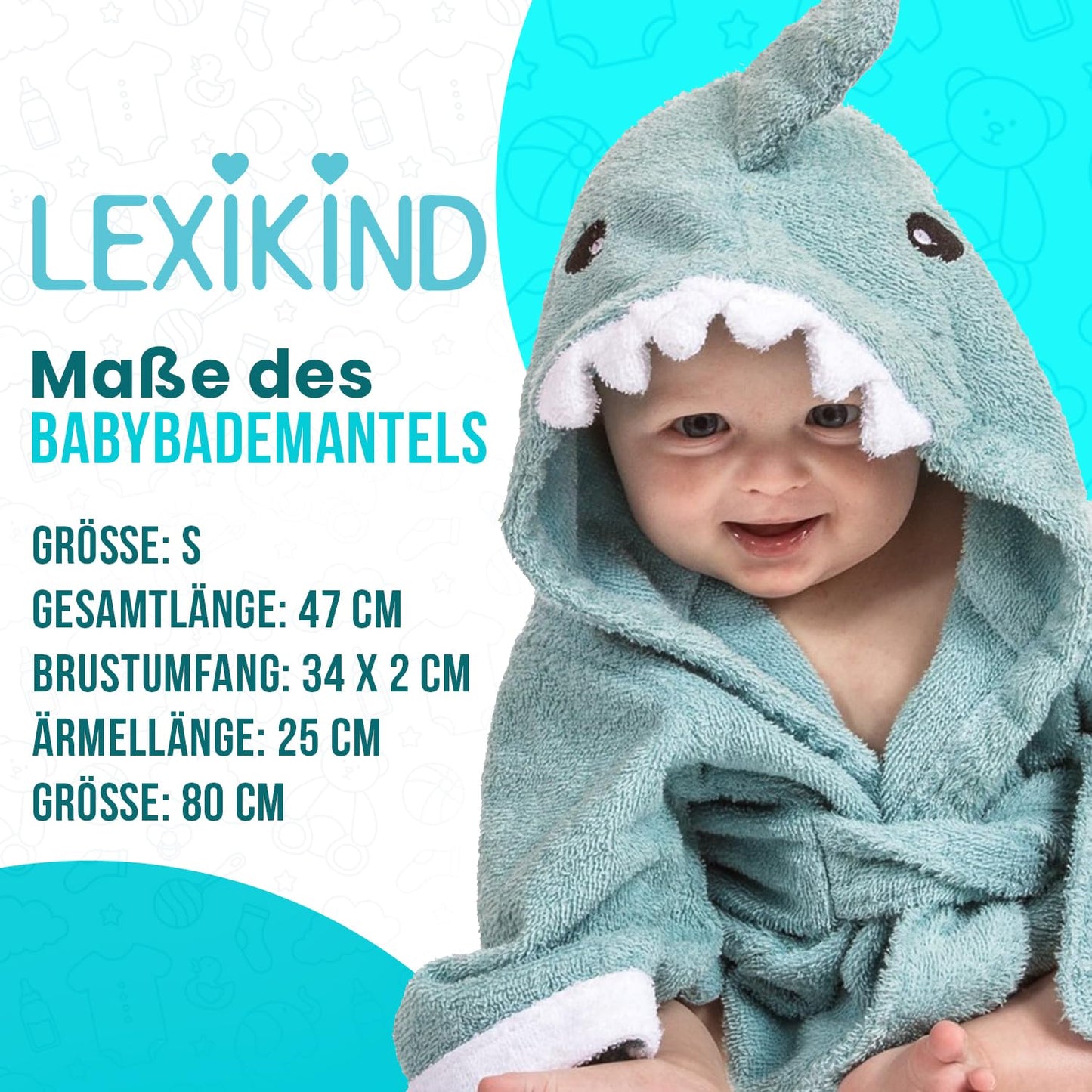Lexikind Kapuzenhandtuch Baby: Frottee Bademantel - Babyhandtuch mit Kapuze - Kapuzenbadetuch (Hai blau)