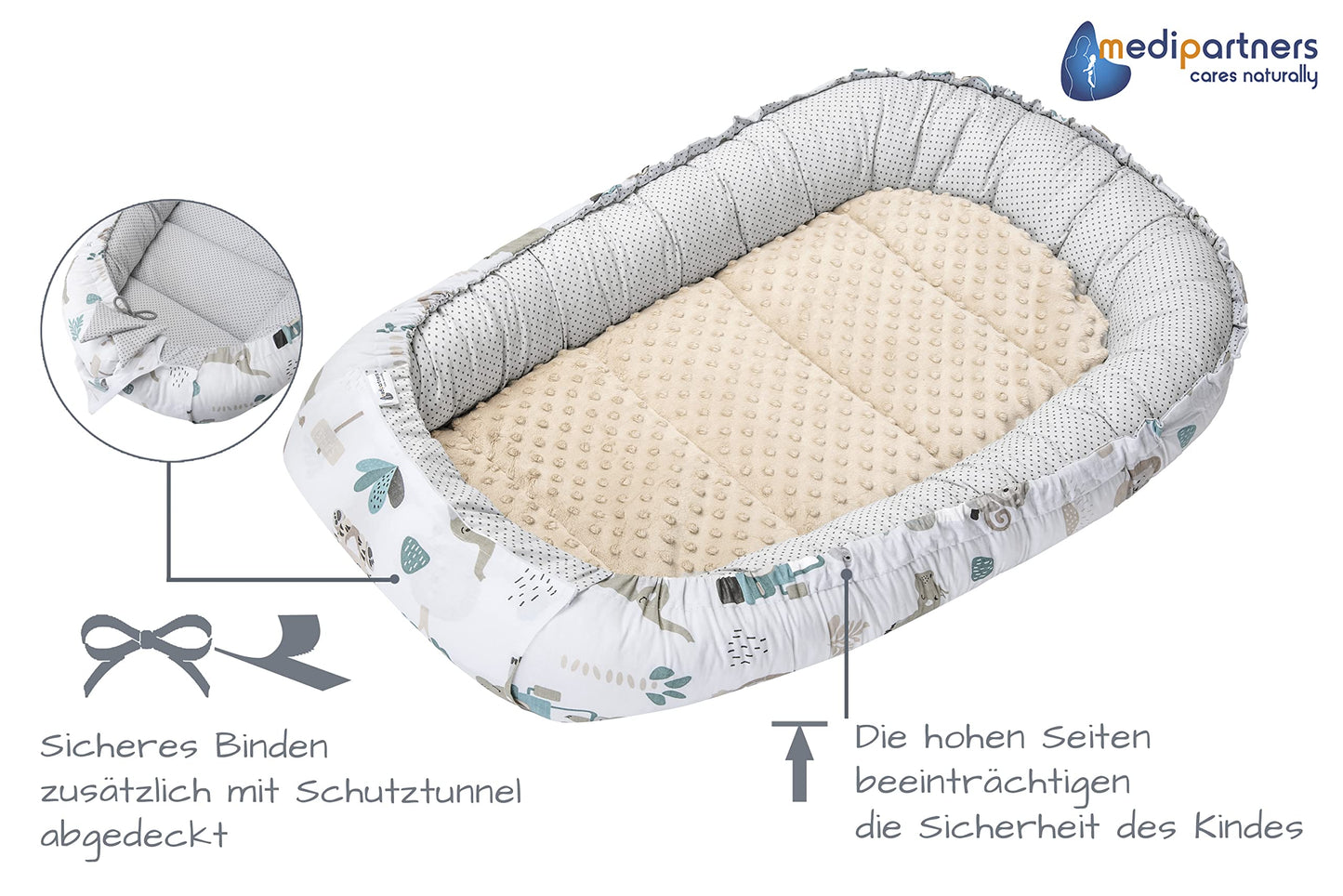 Medi Partners Babynestchen Babynest Set 100x60x15 Kuschelnest 5 teilig herausnehmbarer Einsatz Kokon Nestchen Babys Neugeborene 100% Baumwolle (REH mit Grauem Minky)