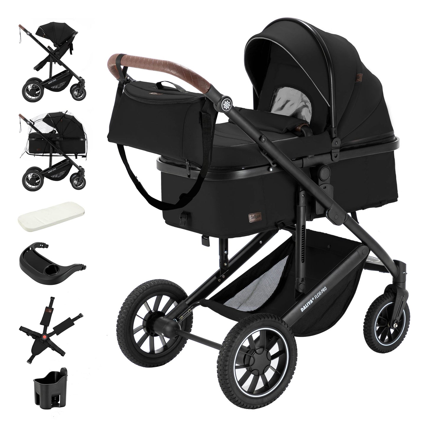 Daliya® FLEXI-PRO M 2in1 Kombikinderwagen & Buggy – XXL-Set, Reise-Kinderwagen mit Einhand-Abnahme, Wetterschutz, Sportsitz, Wickeltasche, Spieltisch, Regenschutz, dicke Matratze (Olivgrün)