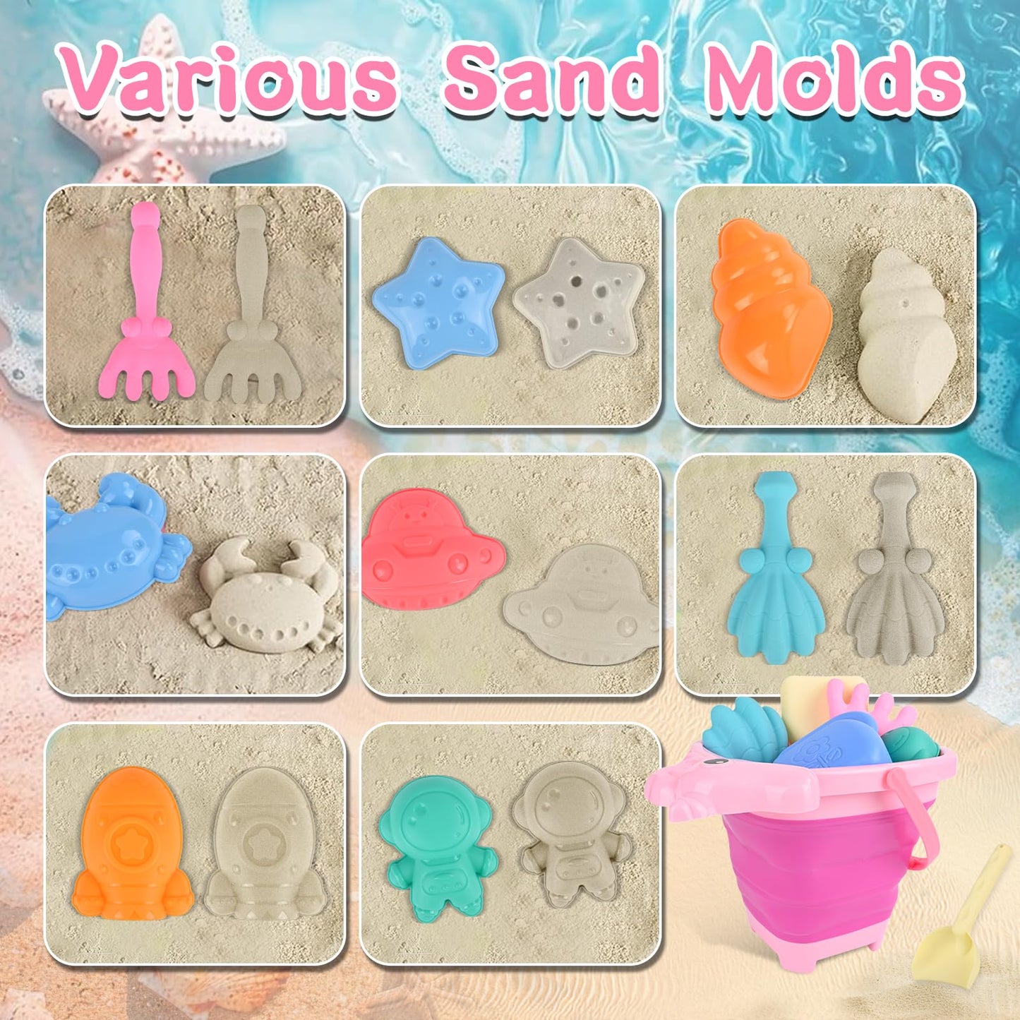 Euakee Sand Toy for Children, 11 Pieces Sand Toys with Foldable Bucket, Sanity Toy Set, Sand Toy Beach, Sandpit Toy for Children 3 4 5 6 7 Years (Orange)