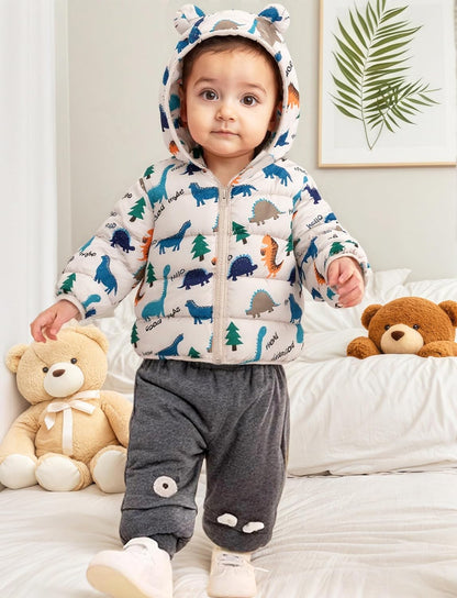 Happy Cherry Winter Jacket Baby Boys Girls Winter Coat with Hood Quilted Jacket Warm Lightweight Down Jacket Winter Cute Printed Outerwear 