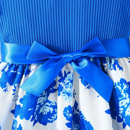 Codkkre Mädchen Kleid Blumen Bowknot Kinder Kleider Rüschenärmel A-Linie Mädchen Kleid Sommer Ostern Mädchen Kleid Rundhals 104 110 116 122 128