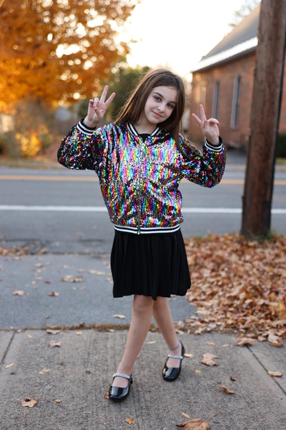 LOLANTA Girls Sequin Bomber Jacket with Pockets Zipper Long Sleeve Glitter Baseball Jackets for Kids 4-13 Years 