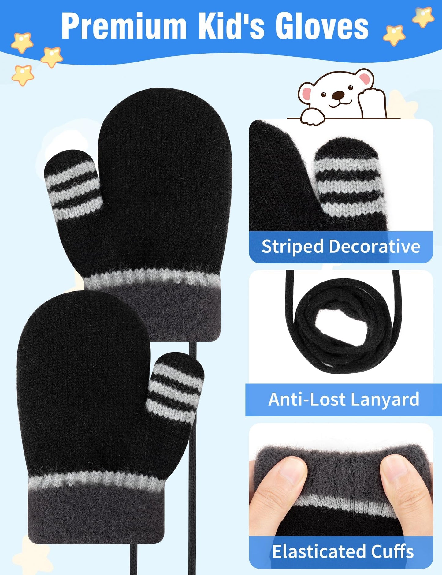 Becellen Fäustlinge Infant, Warme Verdicken Kleinkind Winterhandschuhe mit Schlüsselband Niedliche Anti Kratz Baby Strickhandschuhe für 0-3 Jahre Jungen Mädchen