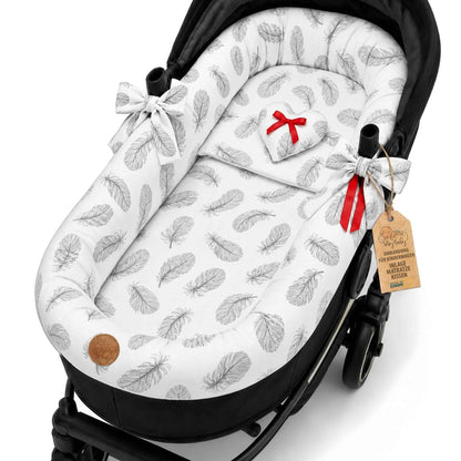 Stubenwagen Umrandung aus Musselin Baumwolle – Nestchen für Babywanne Kinderwagen und Buggy Atmungsaktiv – Schonbezug Set 3-teilig mit Kissen und Einlage für Neugeborene Gefieder