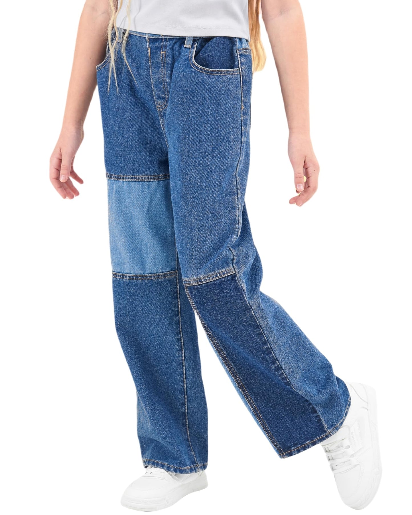 Rolanko Girls' Jeans Trousers with Hole, Denim Blue Jeans, Vintage Trousers With Wide Leg for Children