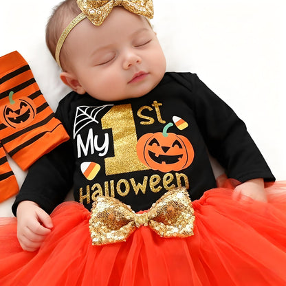 Baby Girl Halloween Outfit, My First Halloween Baby Girl Clothing, Halloween Outfit Baby, Newborn Halloween Baby Pumpkin Romper + Tutu Skirt + Leg Warmer + Headband, Baby Clothing Halloween