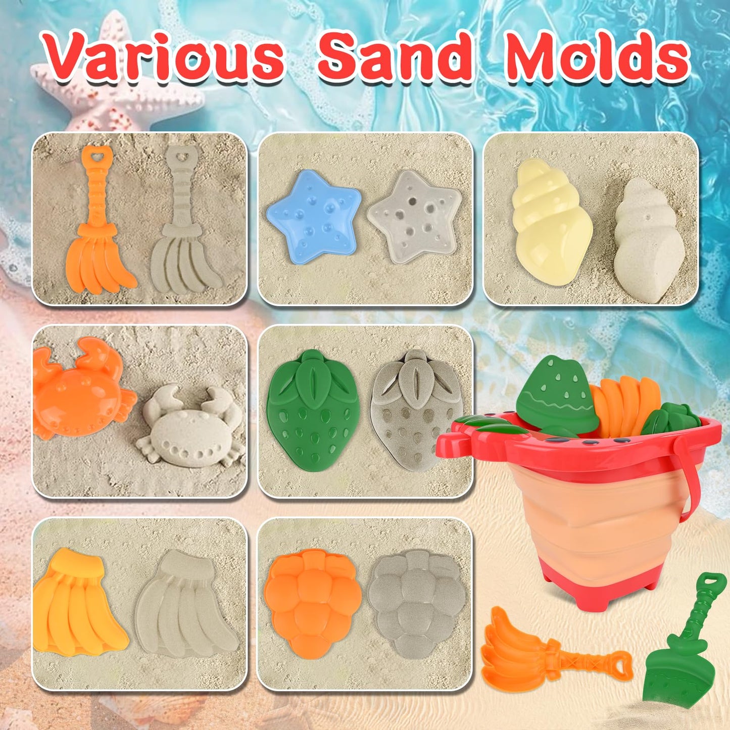 Euakee Sand Toy for Children, 11 Pieces Sand Toys with Foldable Bucket, Sanity Toy Set, Sand Toy Beach, Sandpit Toy for Children 3 4 5 6 7 Years (Orange)