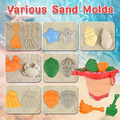 Euakee Sand Toy for Children, 11 Pieces Sand Toys with Foldable Bucket, Sanity Toy Set, Sand Toy Beach, Sandpit Toy for Children 3 4 5 6 7 Years (Orange)