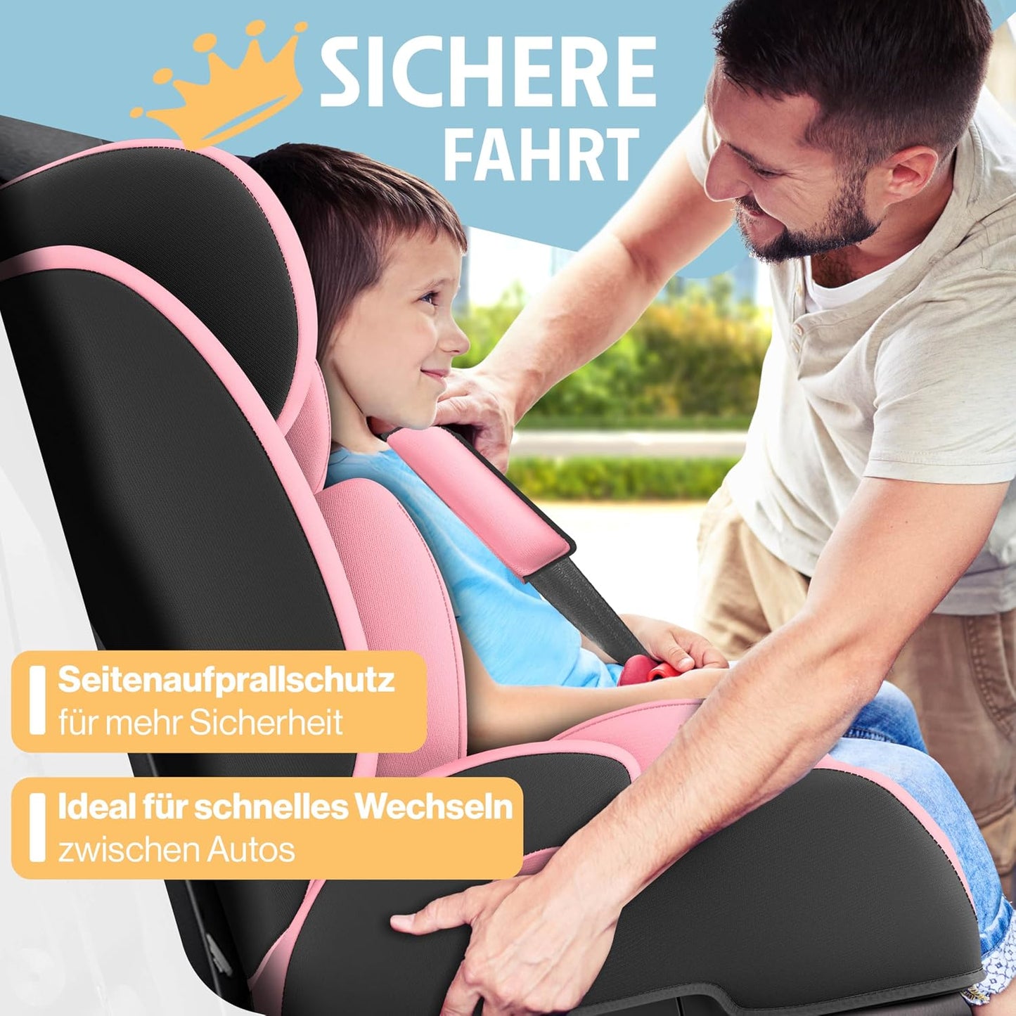 Autokindersitz mit Isofix i-Size R129 100-150cm bis 12 Jahre, Kinderautositz Gruppe 1/2/3, mitwachsender Kindersitz, 5-Punkt-Gurt & höhenverstellbare Kopfstütze, Sitzerhöhung Auto, Schwarz