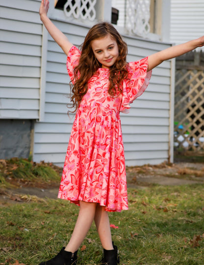 Arshiner Kleider für Mädchen Schmetterlingsärmel Kleid Kinder A-Line Swing Kleid Rundhals Sommerkleid Baumwollekleid Festlich Partykleid Hochzeit Lässige Kinderkleidung mit Tasche