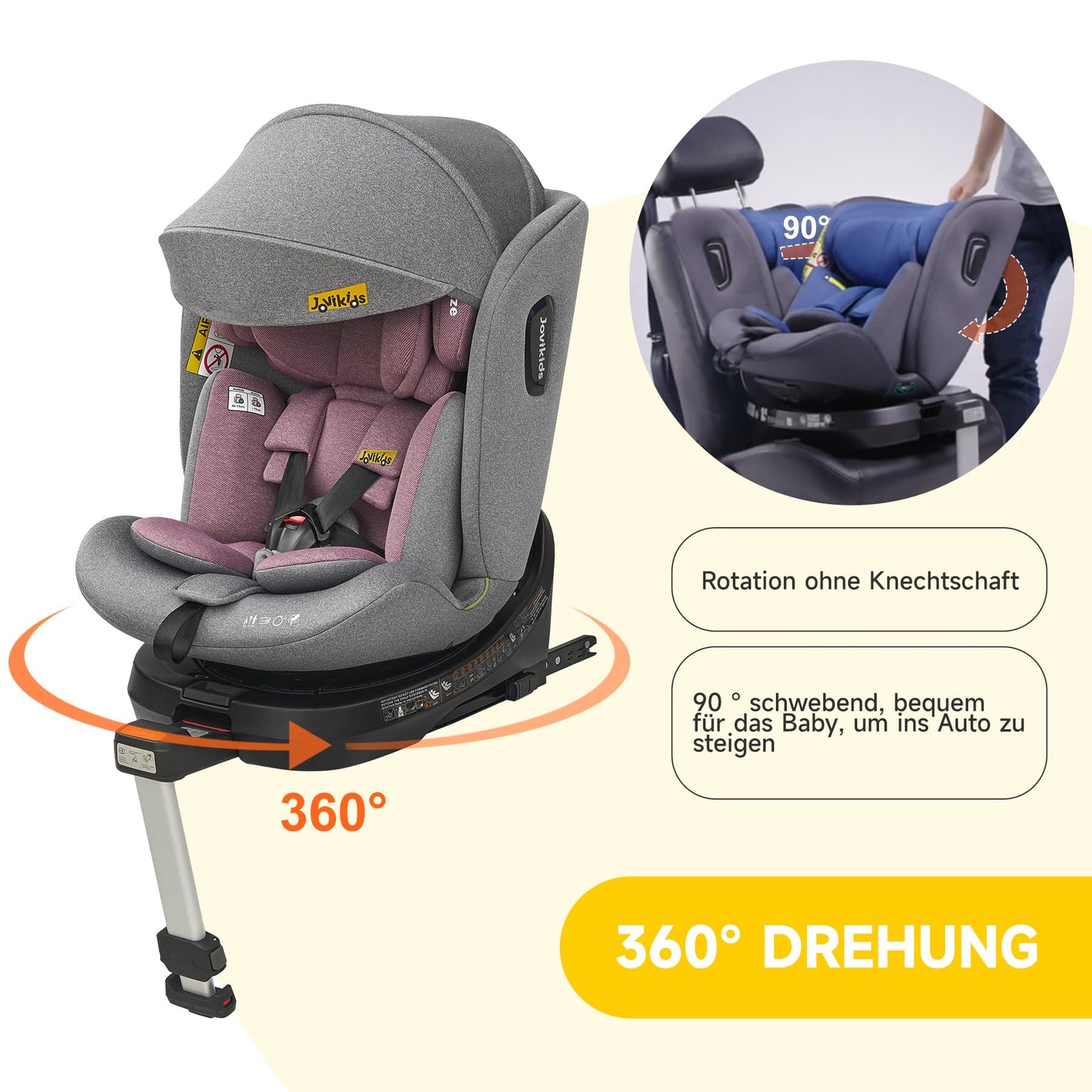 Jovikids 360° Drehbar Kindersitz mit ISOFIX, i-Size 40-150cm(ab Geburt -12 Jahre) Baby Autositz Reboarder mit Liegefunktion & Abnehmbar Vordach, ECE R129 (Rosa) - Meloni2