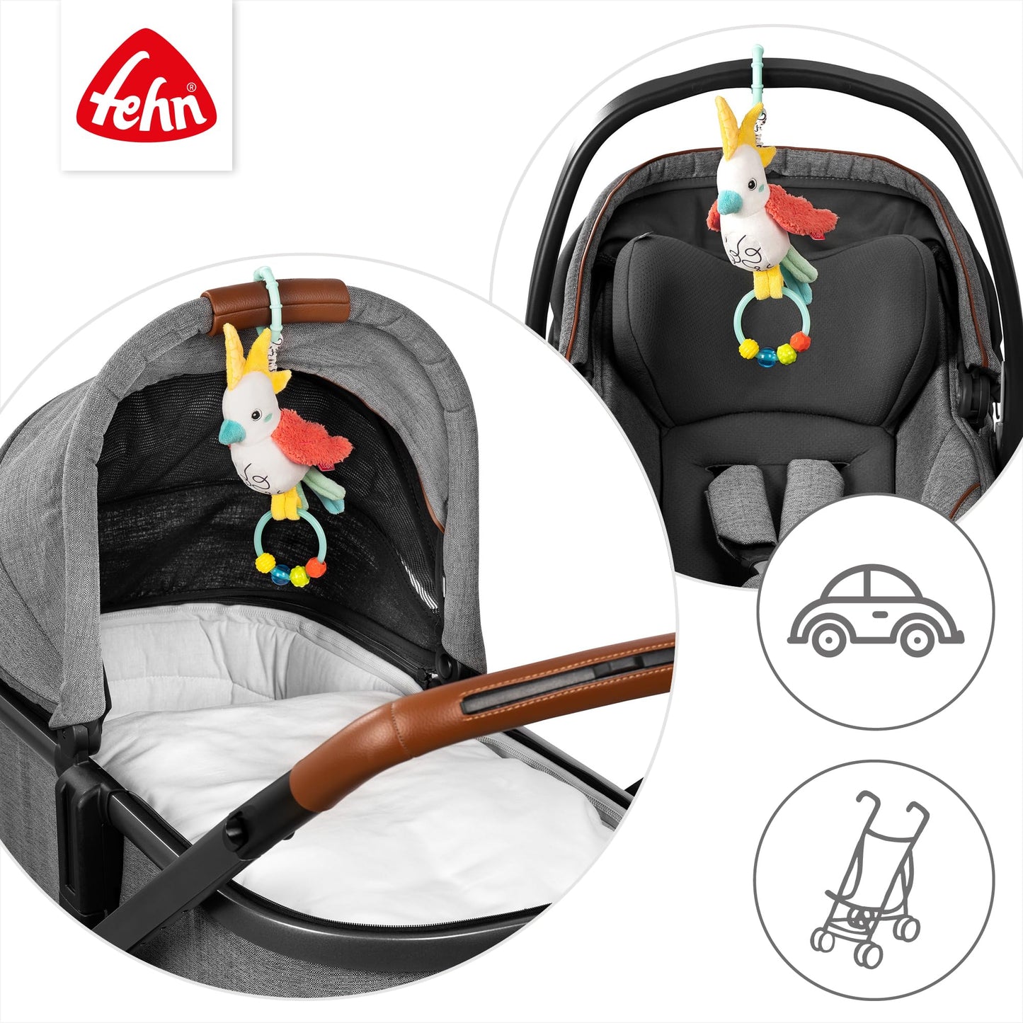 Fehn Activity-Spieltier Teddy – Baby Motorikspielzeug für Kinderwagen, Kinderbett und Babyschale zum Beißen, Greifen und Geräusche erzeugen – Beißring Spielzeug für Babys und Kinder ab 0+ Monaten