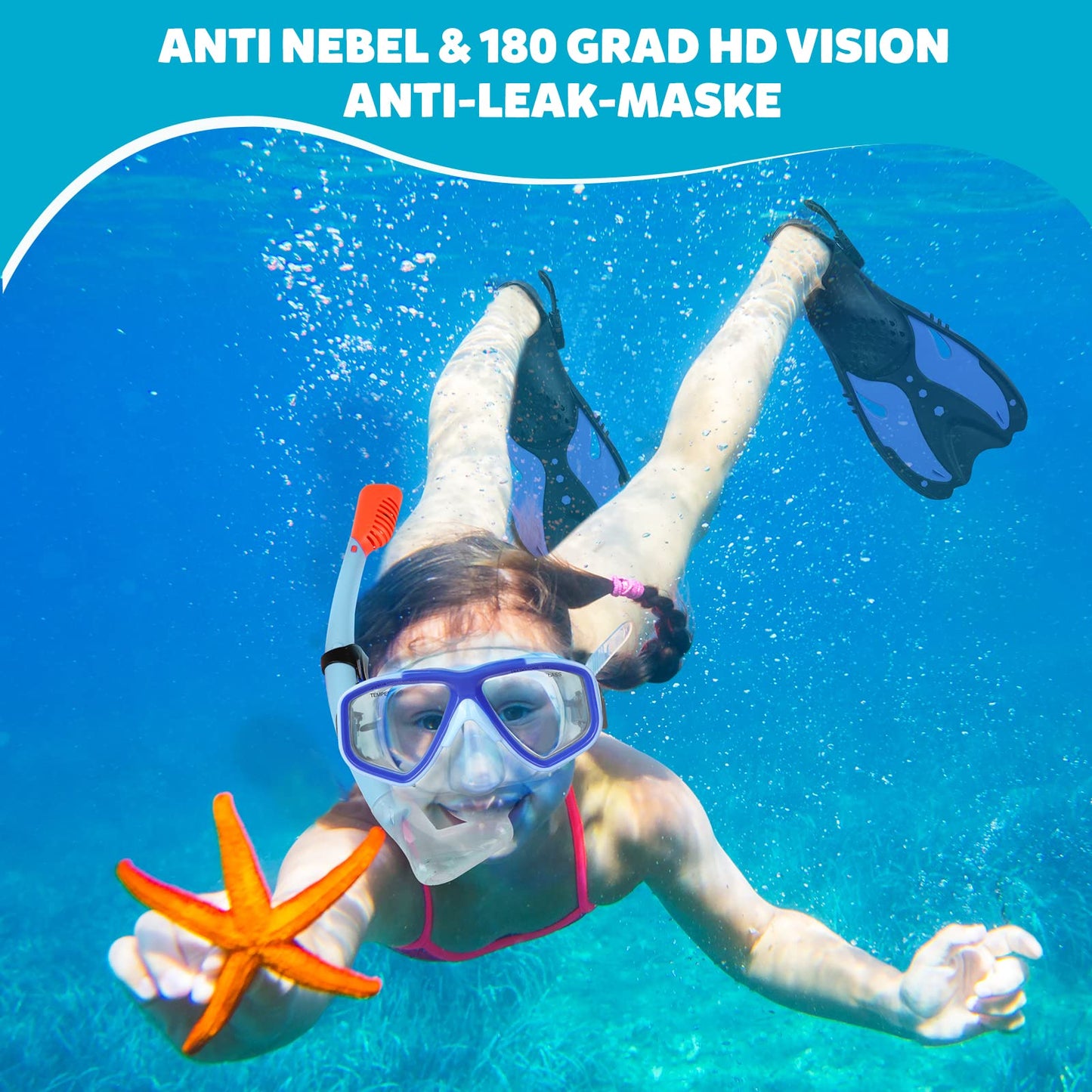 KUYOU Taucherbrille Kinder mit Schnorchel Schnorchelset Schwimmbrille Schnorchelmaske 7-13 Jahre, Dry Top System, Panorama-Weitblick