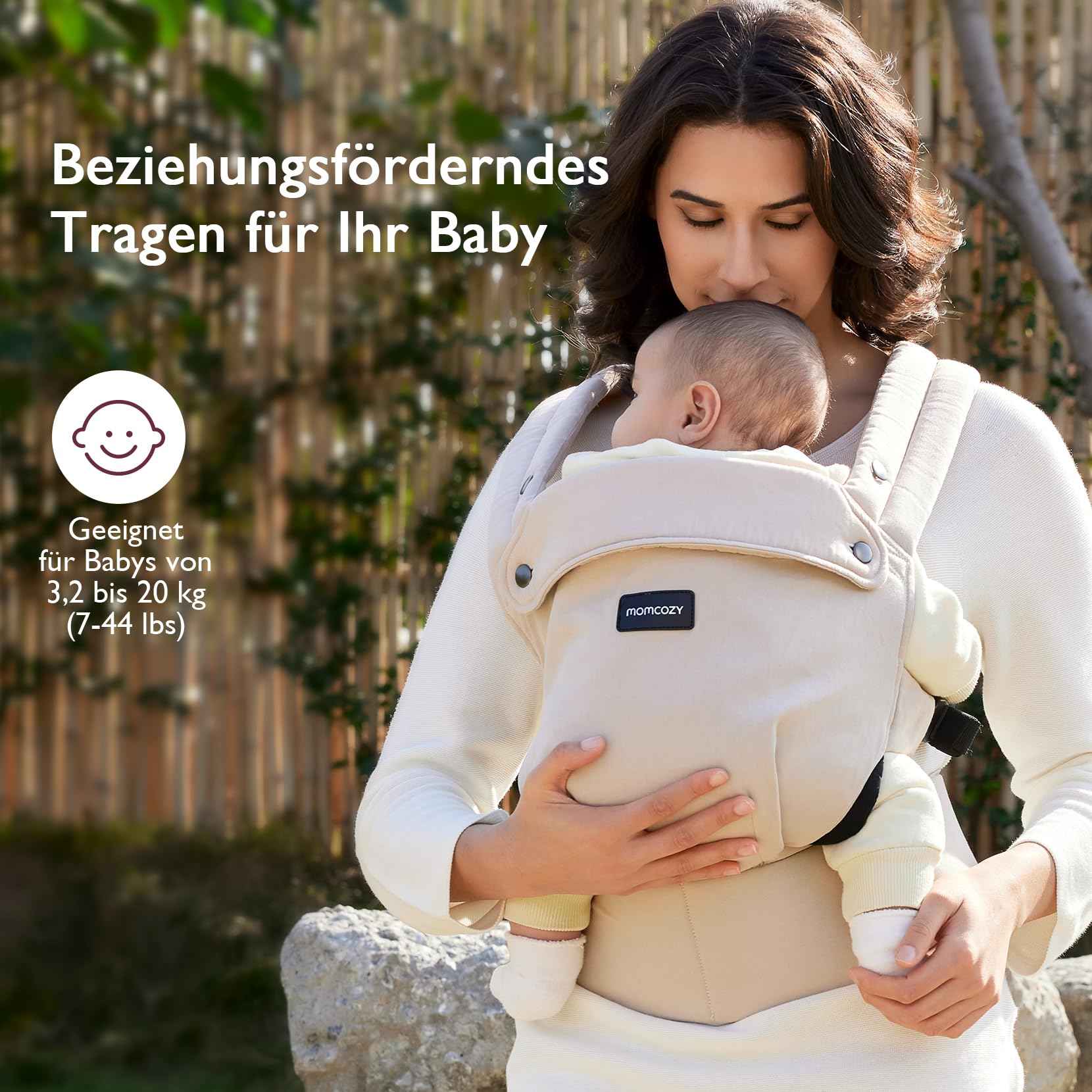 Momcozy Babytrage aus 100% Baumwolle – Baby Carrier für Kleinkind (3-24 Monate, 3,2-20 kg) · Ergonomische M-Position · X-Rücken · Taillengurt 64-127cm, Khaki