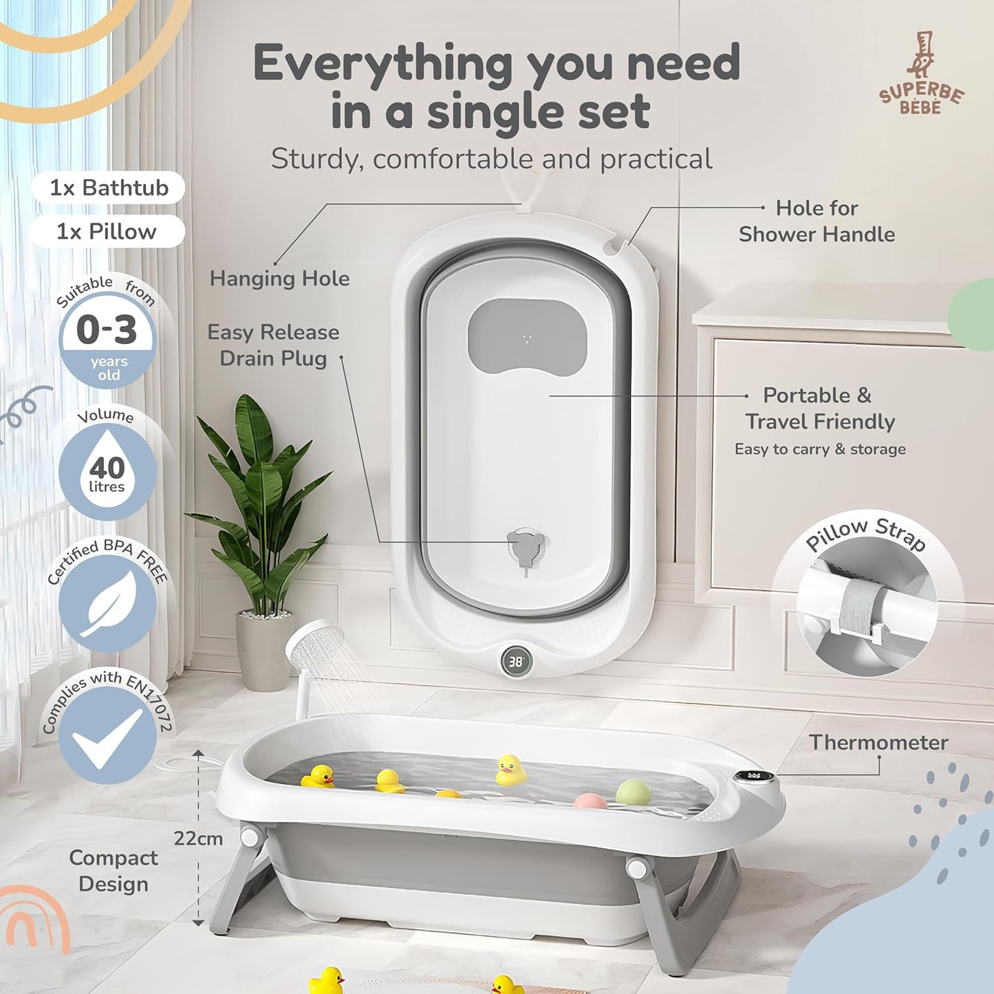 Faltbar Baby Badewanne Mit Rutschfestem Badewannensitz - Babywanne Xxl Mit Badethermometer - Von Der Geburt Bis 3 Jahre - Baby Bathtub - Babygeschenk - Geburtsgeschenke Für Mädchen & Jungen