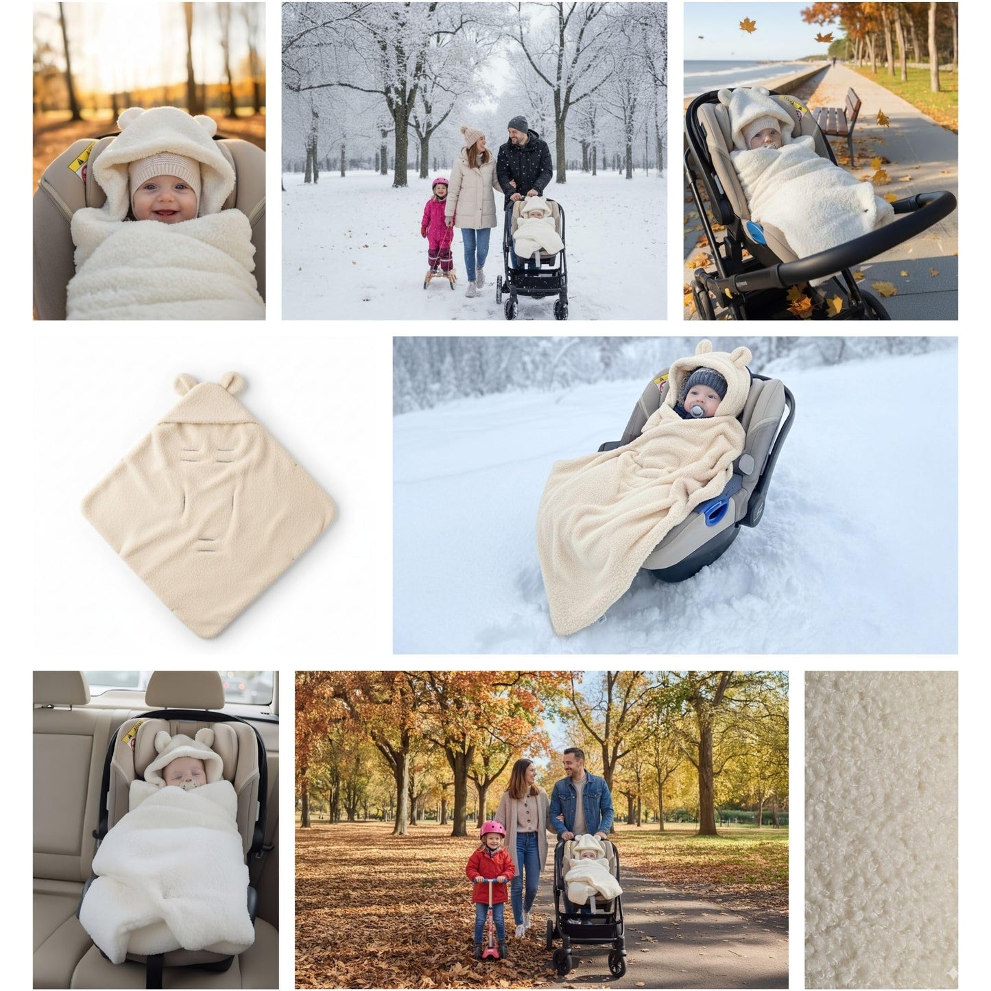 Kuschelige Boucle Einschlagdecke für Babyschale & Kinderwagen – warme Babydecke beidseitig mit Kapuze für Neugeborene – Premium Teddy für den Winter 90×90 cm Hellgrau