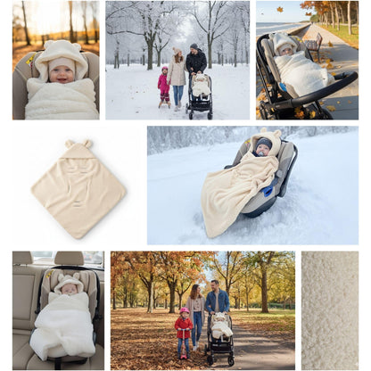 Kuschelige Boucle Einschlagdecke für Babyschale & Kinderwagen – warme Babydecke beidseitig mit Kapuze für Neugeborene – Premium Teddy für den Winter 90×90 cm Hellgrau