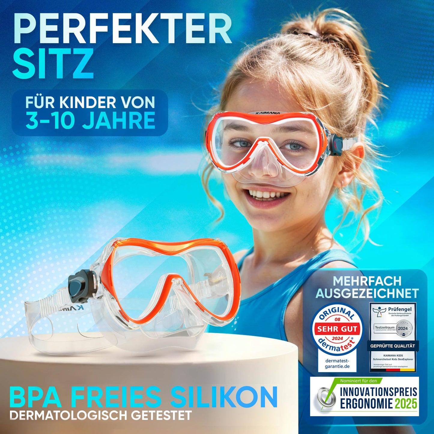 Das Neue KAIMANA® SeaExplorer Schnorchelset Kinder + Tragetasche, Taucherbrille mit Schnorchel, Taucherbrille Kinder, Alternative zur Schnorchelmaske Kinder, Taucherbrille mit Stoffband/Silikonband