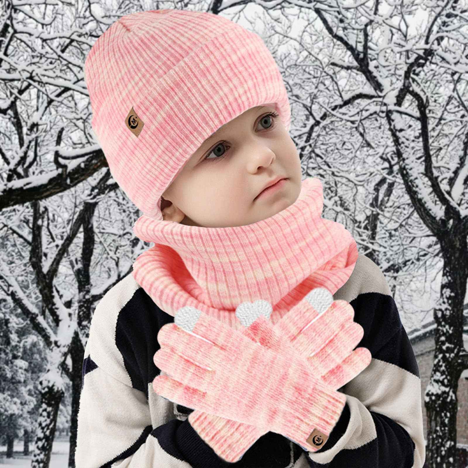 MARUKO Children's Winter Hat Scarf Gloves Set 3 in 1, Toddler Knitted Beanie Neck Warmer, Thick Fleece Thermal Knit Hat Scarf Gloves Set for Children Aged 2-8