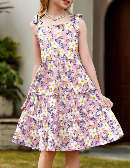 Arshiner Mädchen Kleider Fliege Trägerkleid Kinder Baumwolle Sommerkleid Ärmelloses A-Linie Swingkleid Schulterfrei Elegant Freizeitkleid für Mädchen 5-15 Jahre