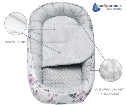 Medi Partners Babynestchen Babynest Set 100x60x15 Kuschelnest 5 teilig herausnehmbarer Einsatz Kokon Nestchen Babys Neugeborene 100% Baumwolle (REH mit Grauem Minky)